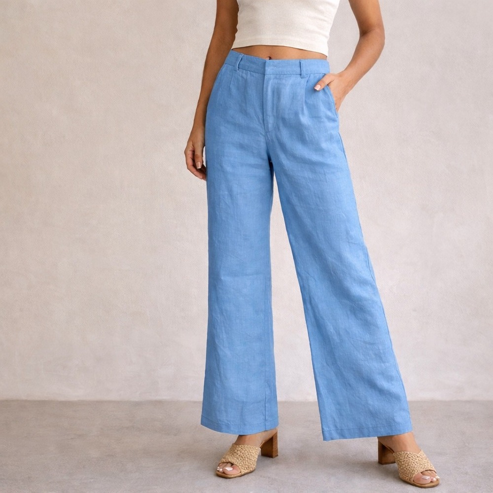 Nine West Linen Wide Leg Pants Blue Size 8 NWT High Rise Dress Trousers $89 MSRP - Picture 1 of 13